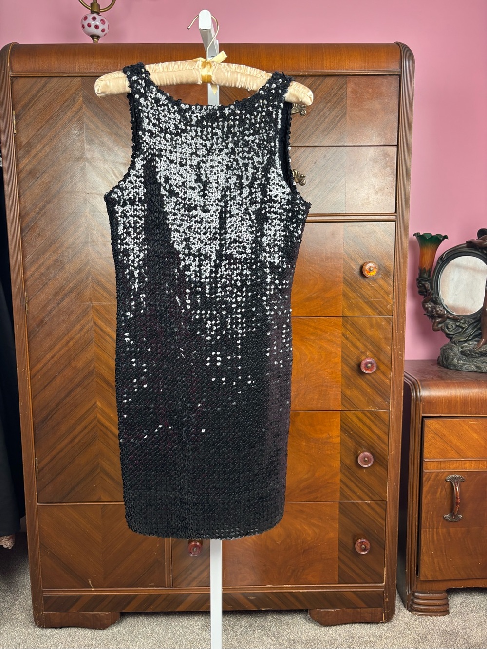 Vintage Hattie Carnegie Black Sequin Scoop Back Mini Dress M